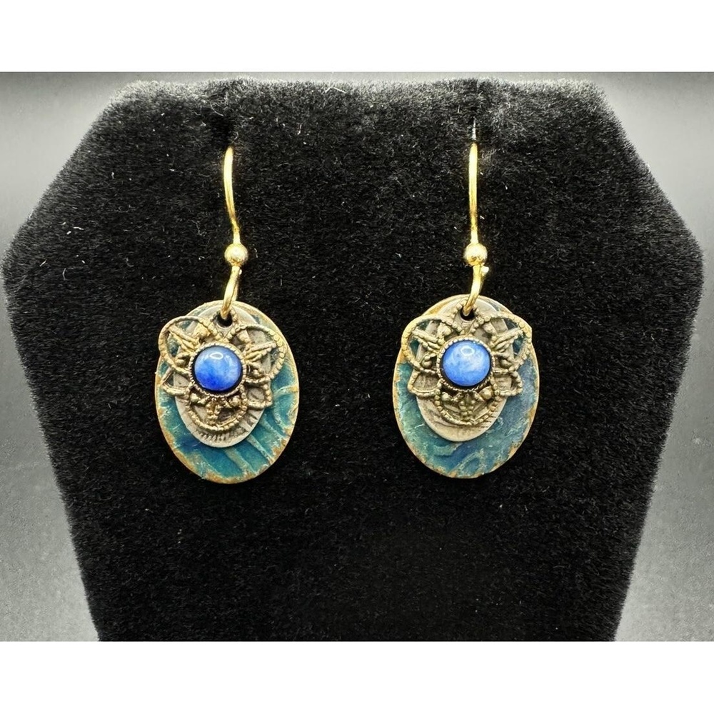 Artisan Boho Multi Metal‎ Dangle Drop Earrings Blue Cabochon Filigree